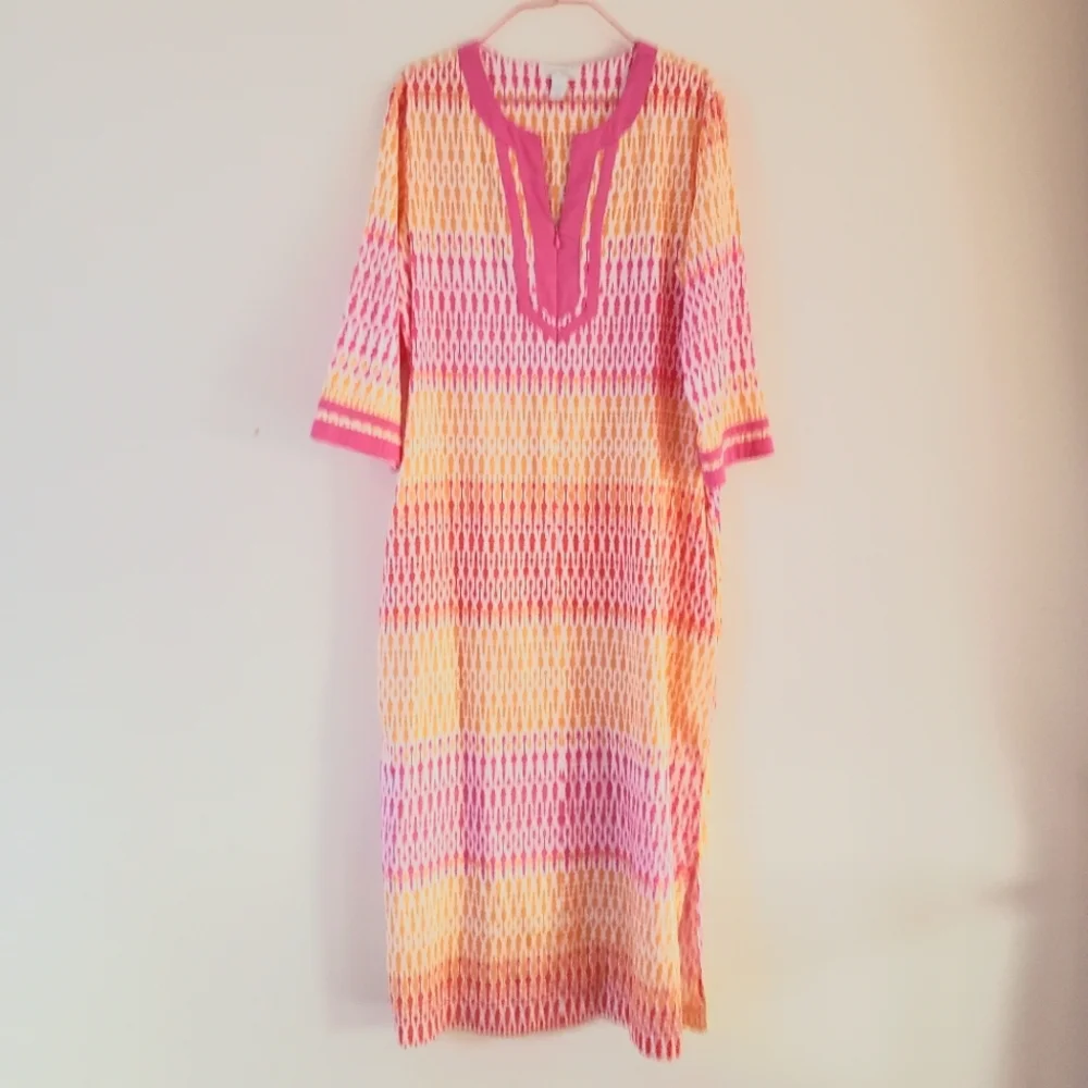 Charter Club Intimates Multicolor 3/4 Sleeve Split V-Neck 1/2 Zip Long Caftan XS - Picture 4 of 16